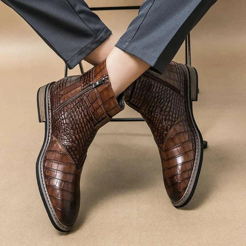 Formal pointed retro boots made of ecological leather and rubber, sleek design for formal events.