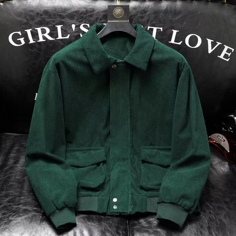 Corduroy casual jacket in dark green, suitable for all seasons, men's fashion.