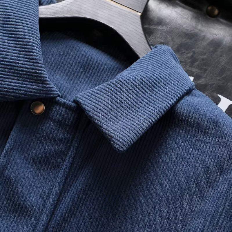 Blue Corduroy Casual Jacket on Hanger, Elegant Design for Men