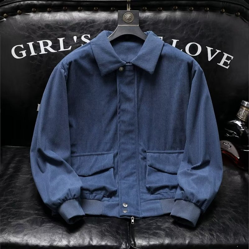 Blue corduroy casual jacket for men, elegant and breathable, suitable for all seasons.