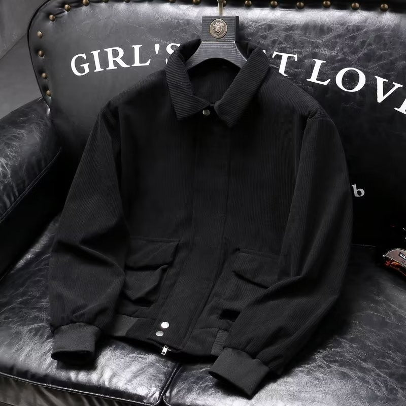 Black corduroy casual jacket for men with a classic collar, designed for comfort and breathability across all seasons.