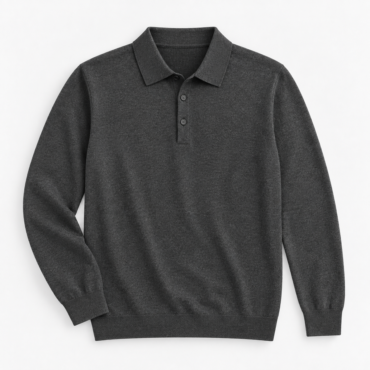 Fine knit long sleeve wool blend polo in dark gray, product view