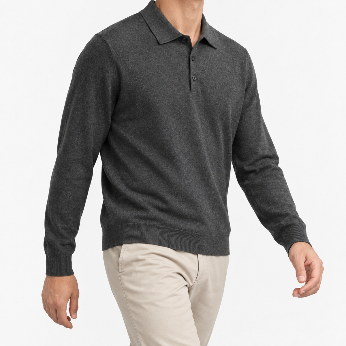 Fine knit long sleeve wool blend polo in dark gray, three-quarter model view