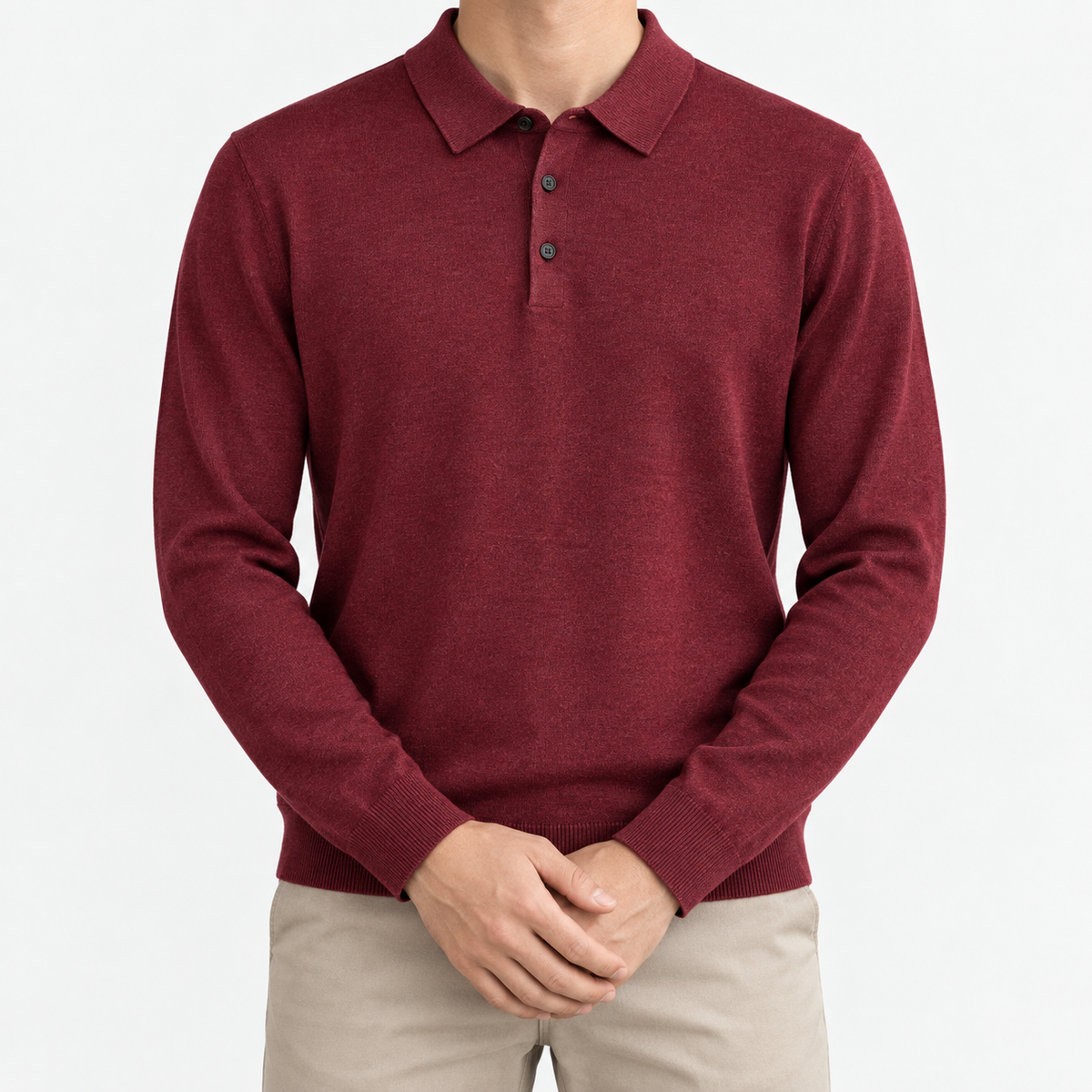 Fine knit long sleeve wool blend polo in wine red, front model view