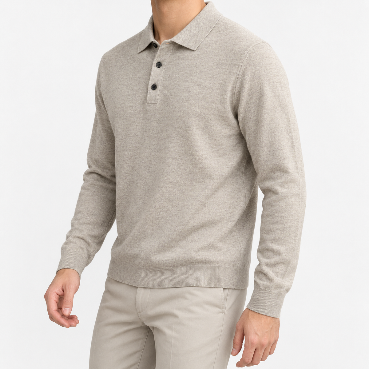 Fine knit long sleeve wool blend polo in beige, three-quarter model view