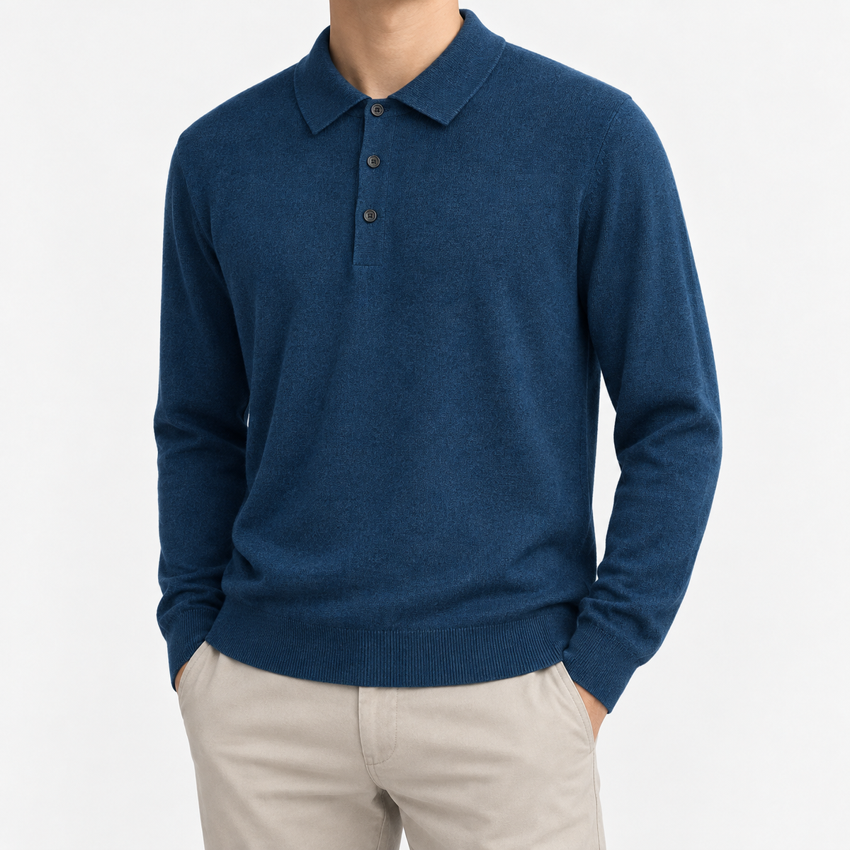 Fine knit long sleeve wool blend polo in deep blue, front model view
