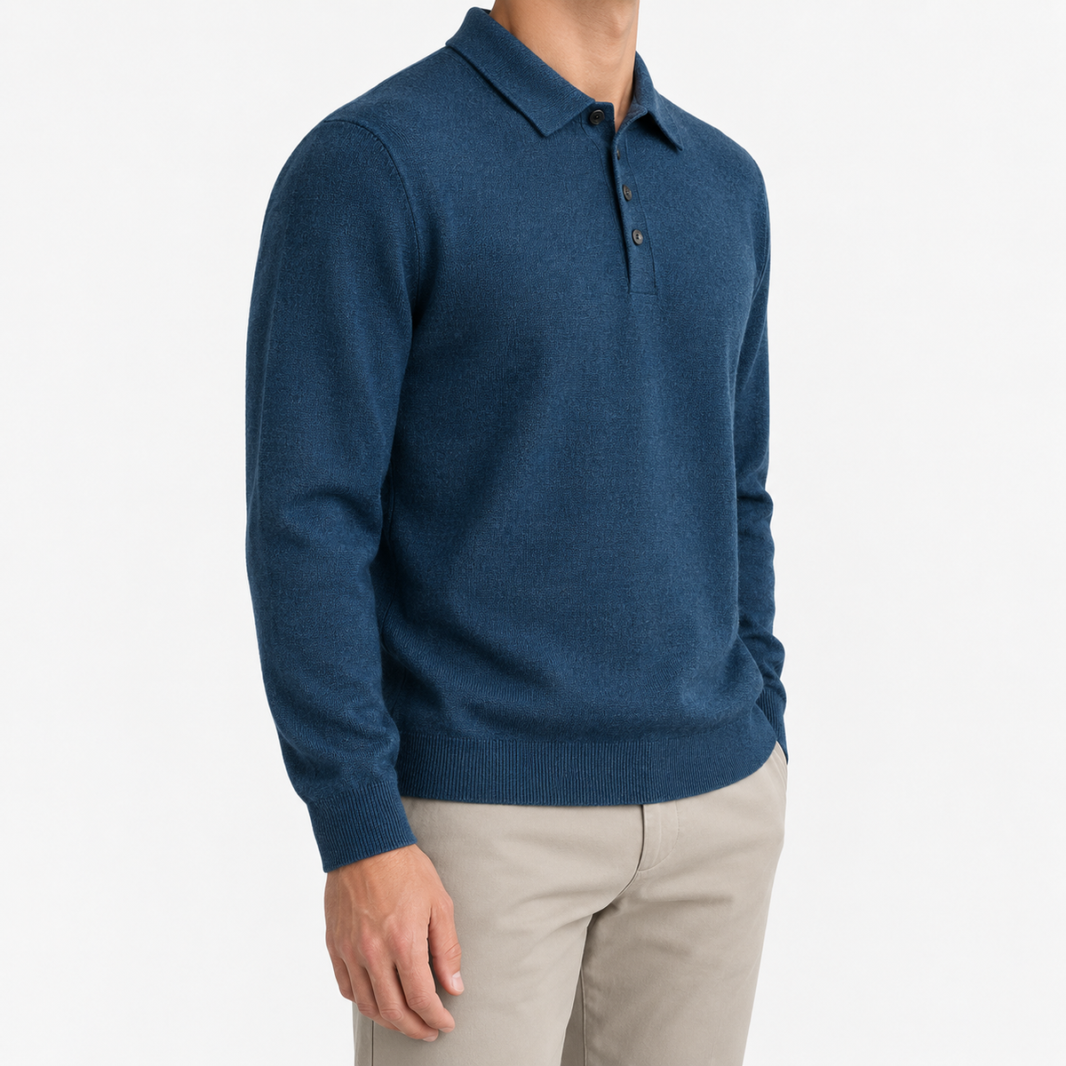 Fine knit long sleeve wool blend polo in deep blue, three-quarter model view