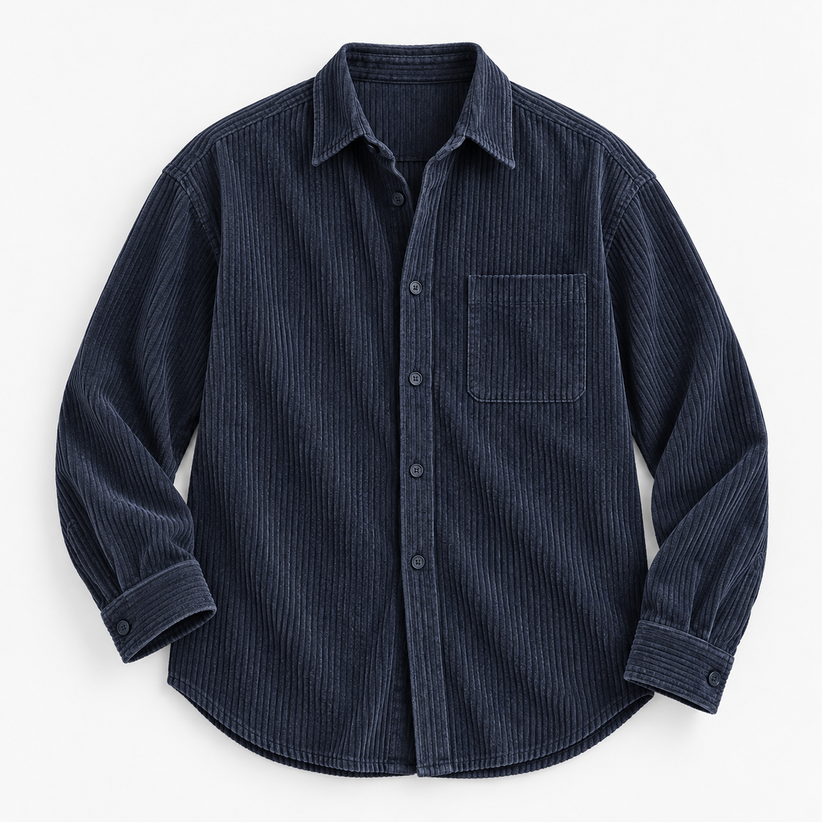 Relaxed corduroy shirt with a curved hem in navy blue, product view