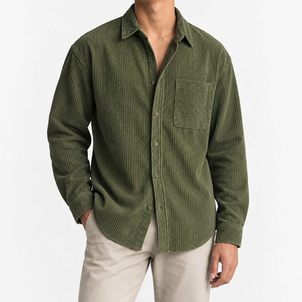 Relaxed corduroy shirt with a curved hem in olive green, front model view