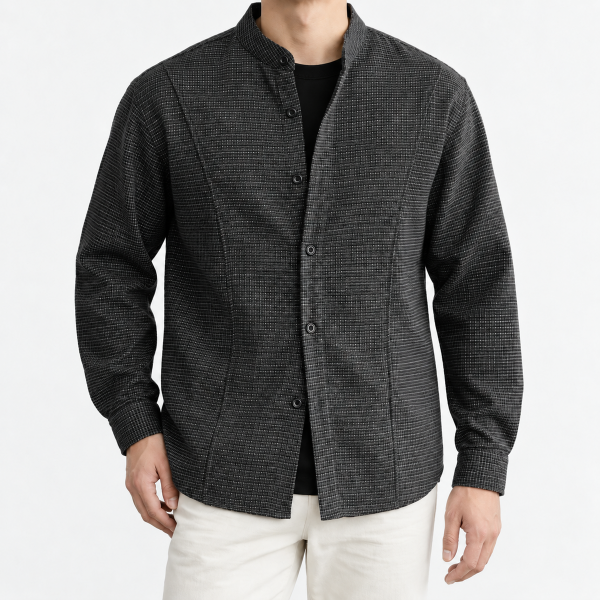 Microcheck band collar shirt with panel seams in dark gray, front model view