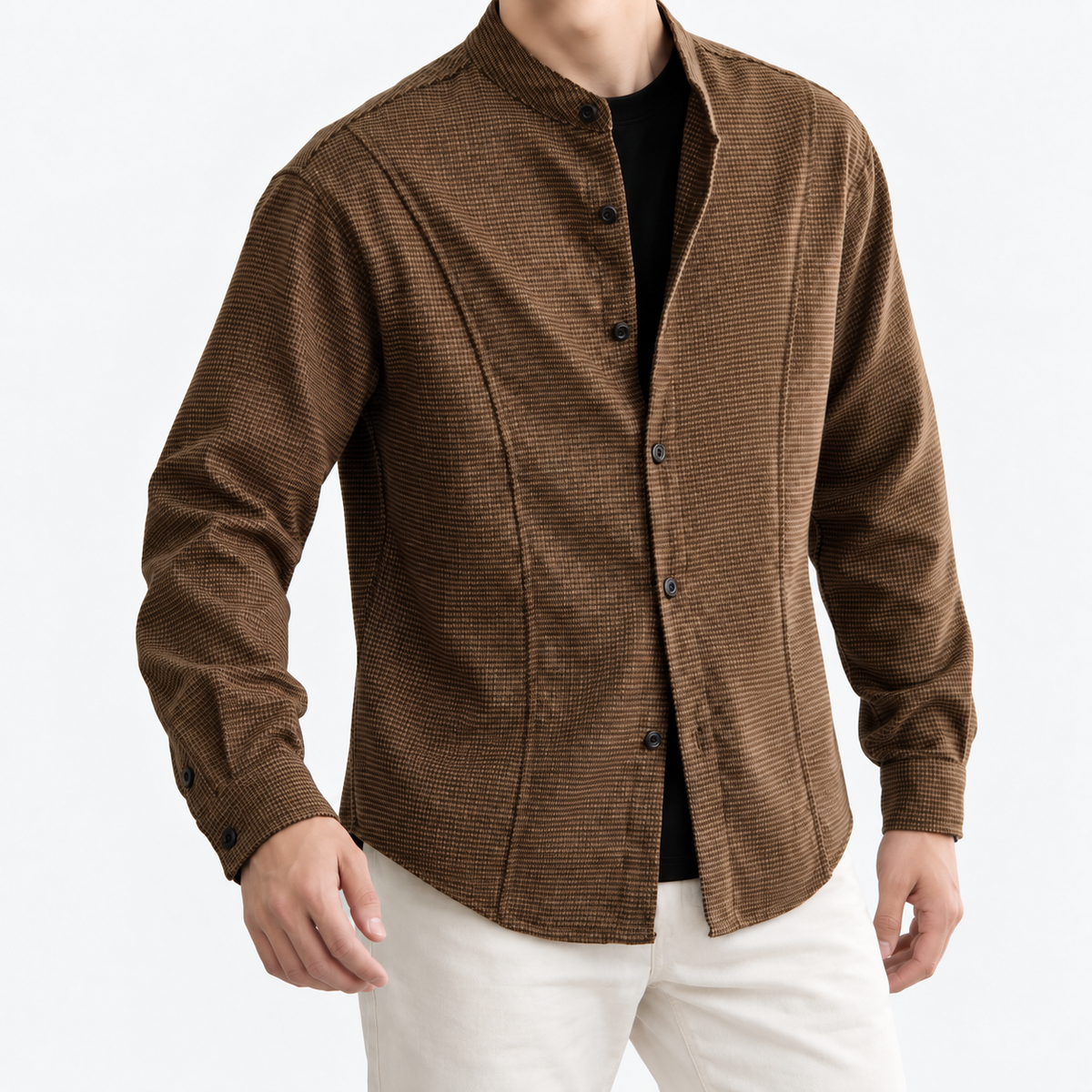 Microcheck band collar shirt with panel seams in khaki, front model view