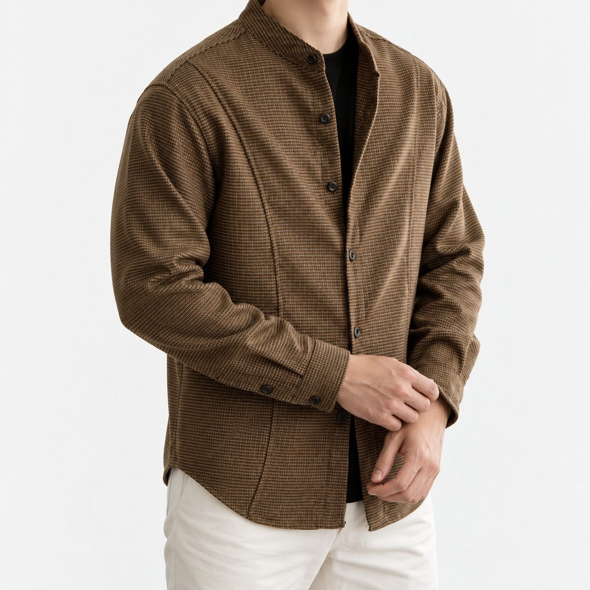 Microcheck band collar shirt with panel seams in khaki, three-quarter model view