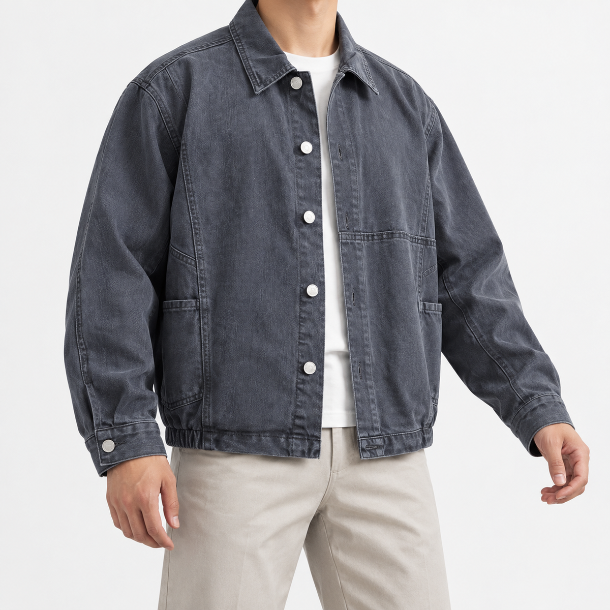 Washed cotton jacket with a gathered hem in slate gray, front model view