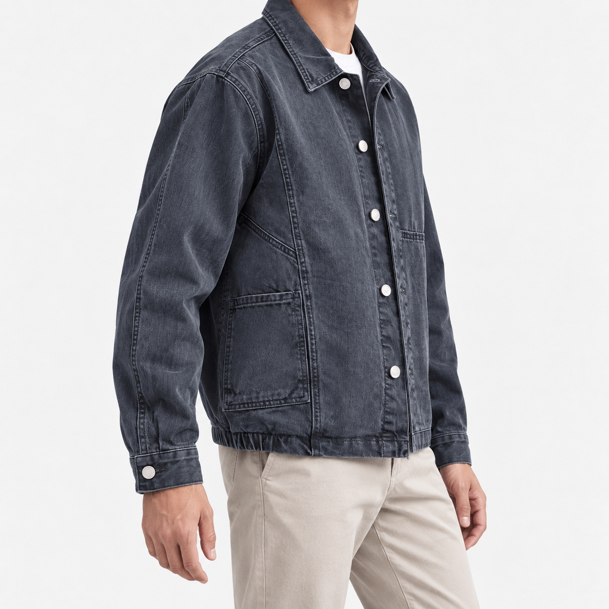 Washed cotton jacket with a gathered hem in slate gray, three-quarter model view