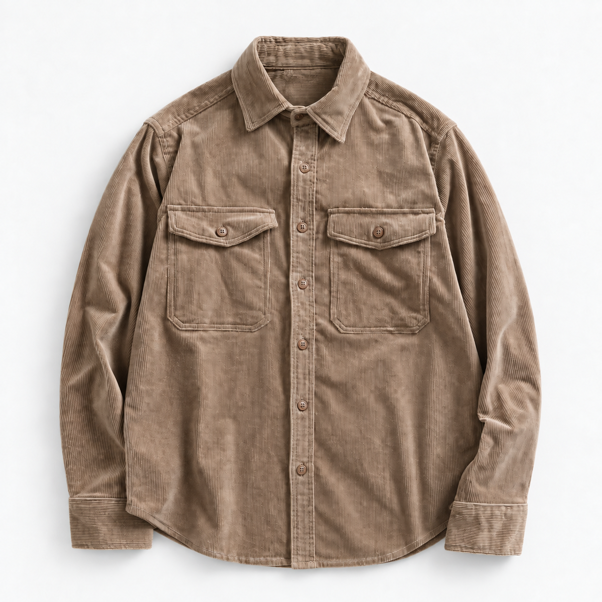 Washed cotton corduroy double pocket shirt in light khaki, product view