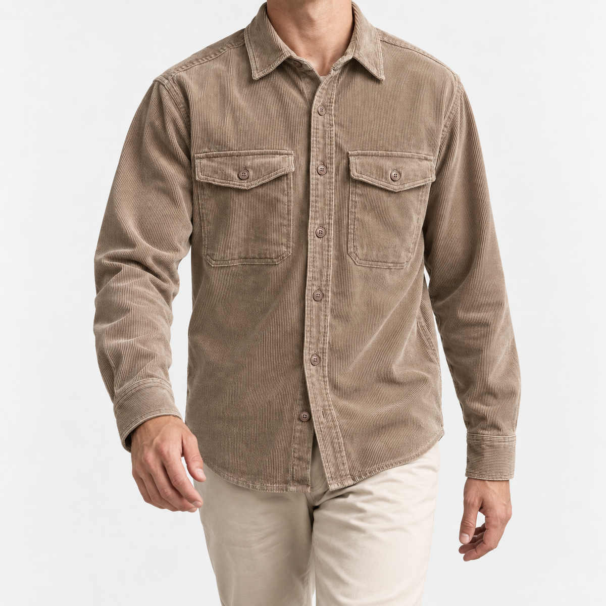 Washed cotton corduroy double pocket shirt in light khaki, front model view