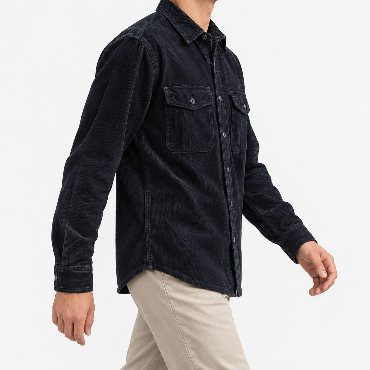 Washed cotton corduroy double pocket shirt in midnight blue, three-quarter model view