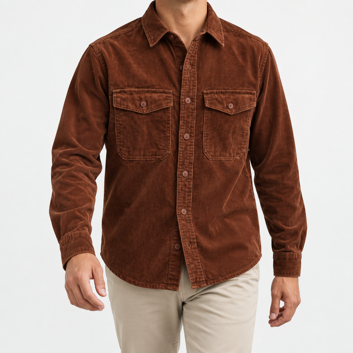 Washed cotton corduroy double pocket shirt in rust brown, front model view