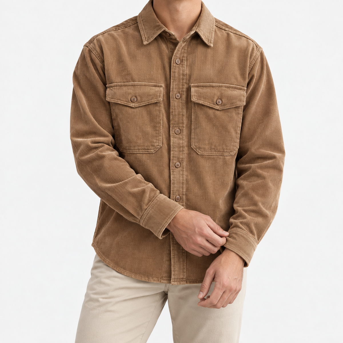 Washed cotton corduroy double pocket shirt in khaki, front model view