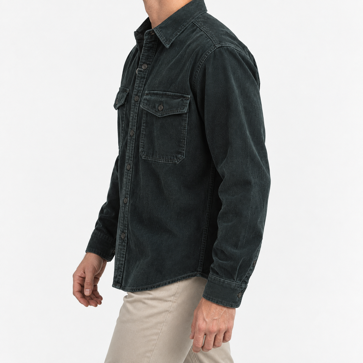 Washed cotton corduroy double pocket shirt in deep teal, three-quarter model view