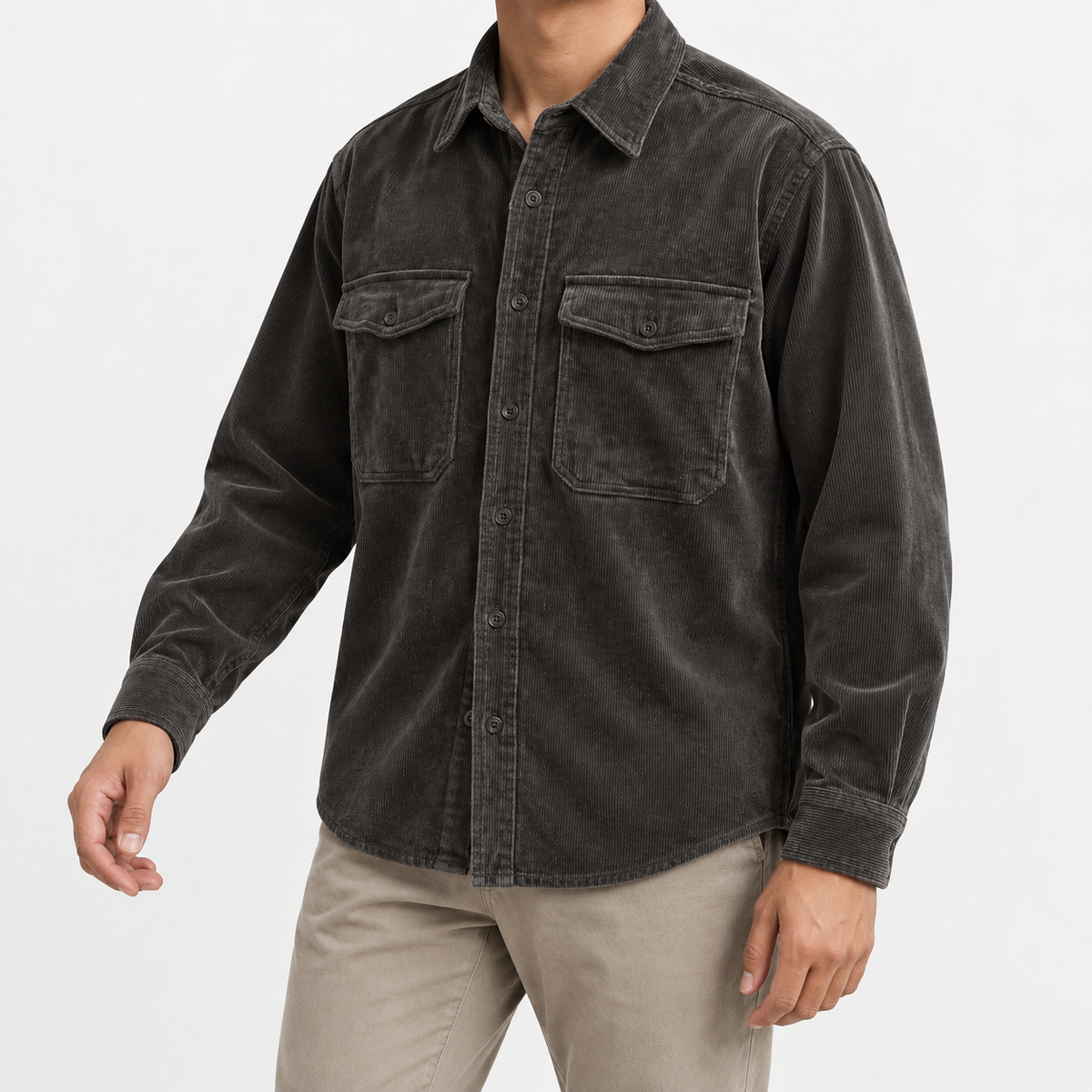 Washed cotton corduroy double pocket shirt in charcoal, front model view