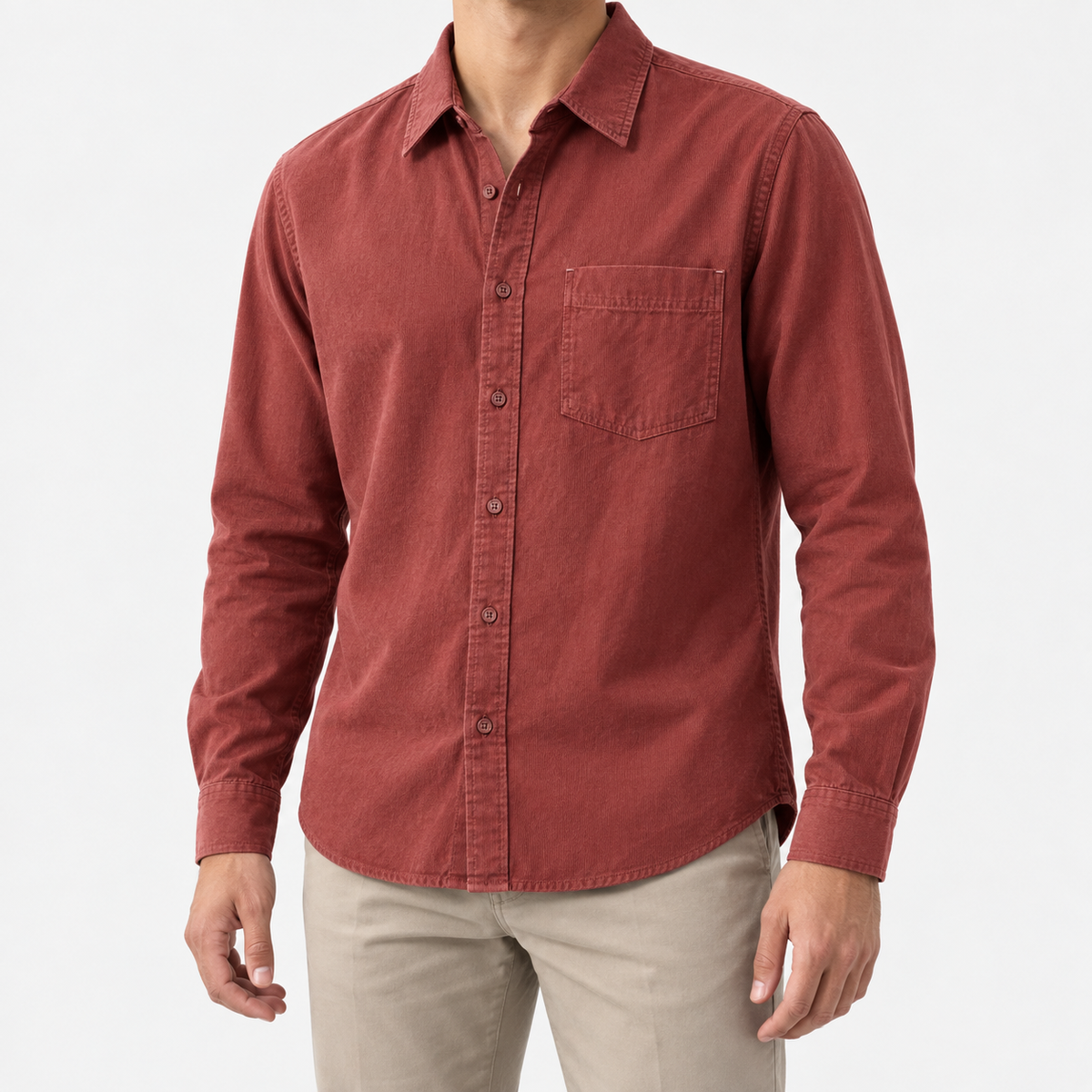 Cotton point collar shirt with a chest pocket in brick red, front model view