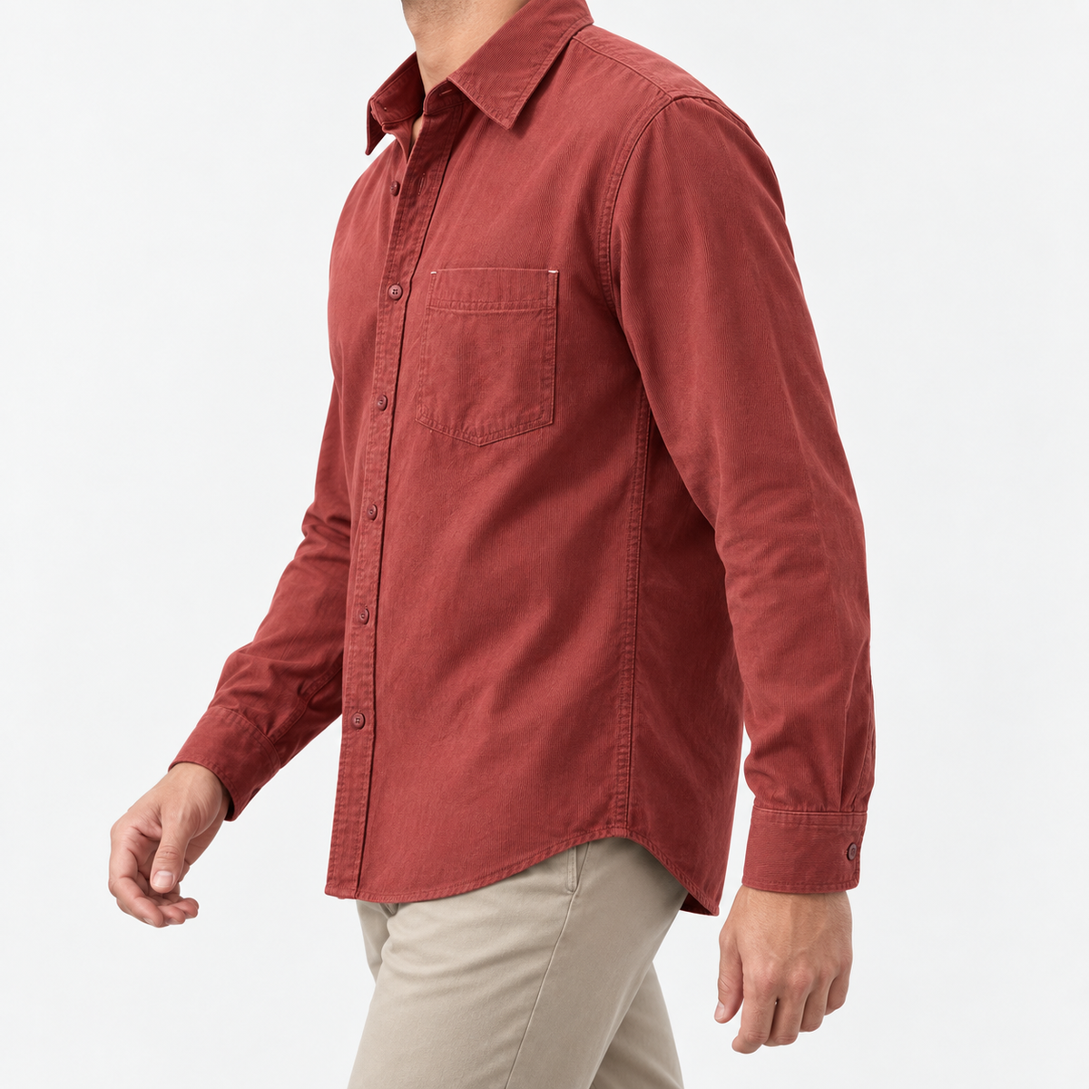 Cotton point collar shirt with a chest pocket in brick red, three-quarter model view