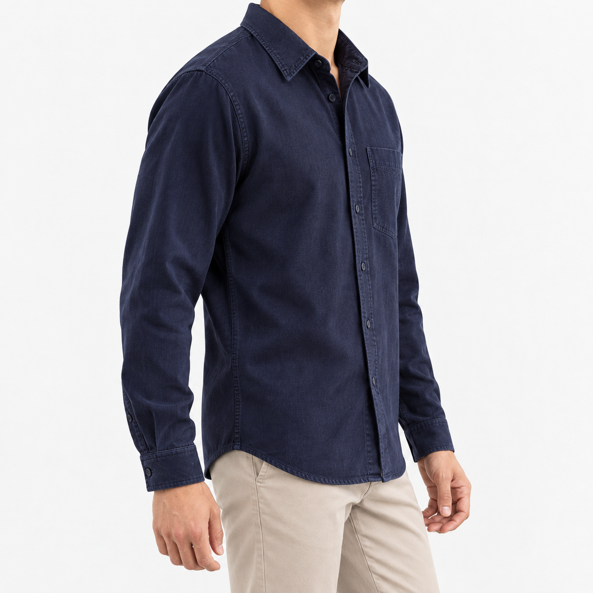 Cotton point collar shirt with a chest pocket in navy blue, three-quarter model view