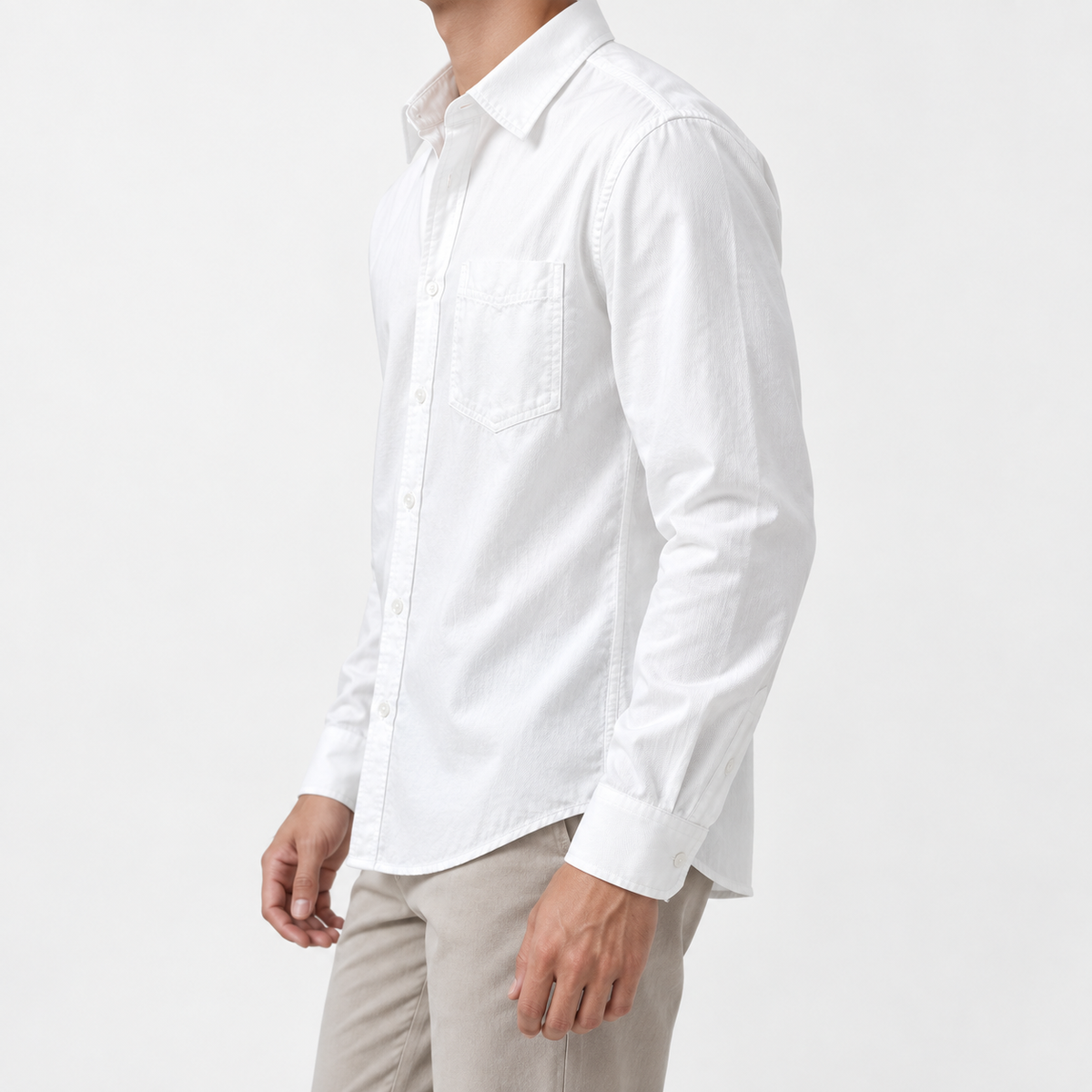 Cotton point collar shirt with a chest pocket in white, three-quarter model view