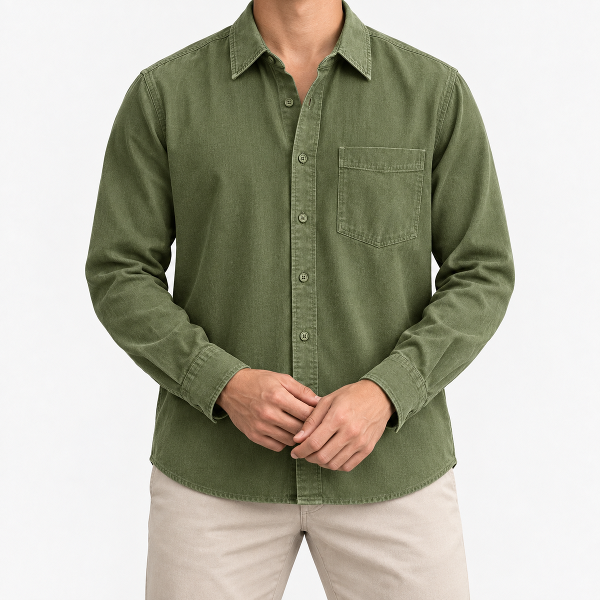 Cotton point collar shirt with a chest pocket in olive green, front model view
