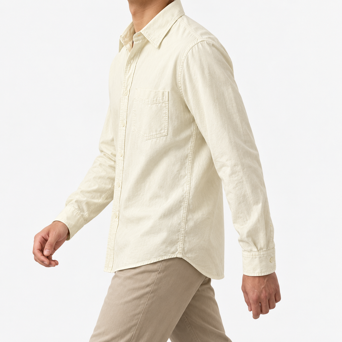 Cotton point collar shirt with a chest pocket in cream, three-quarter model view