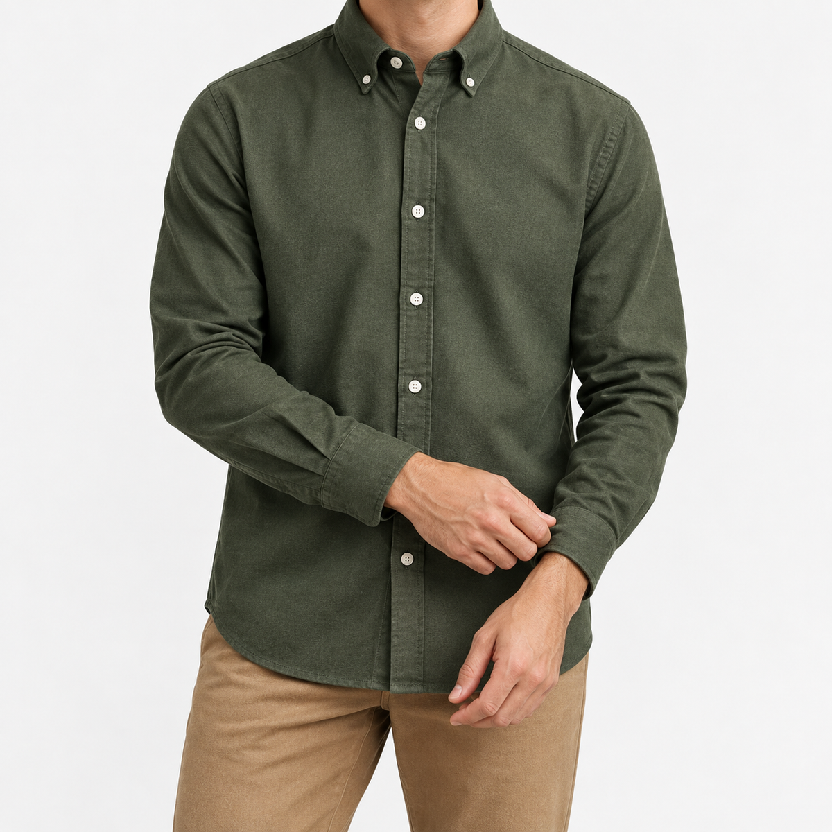 Brushed cotton oxford shirt with a button collar in olive green, front model view