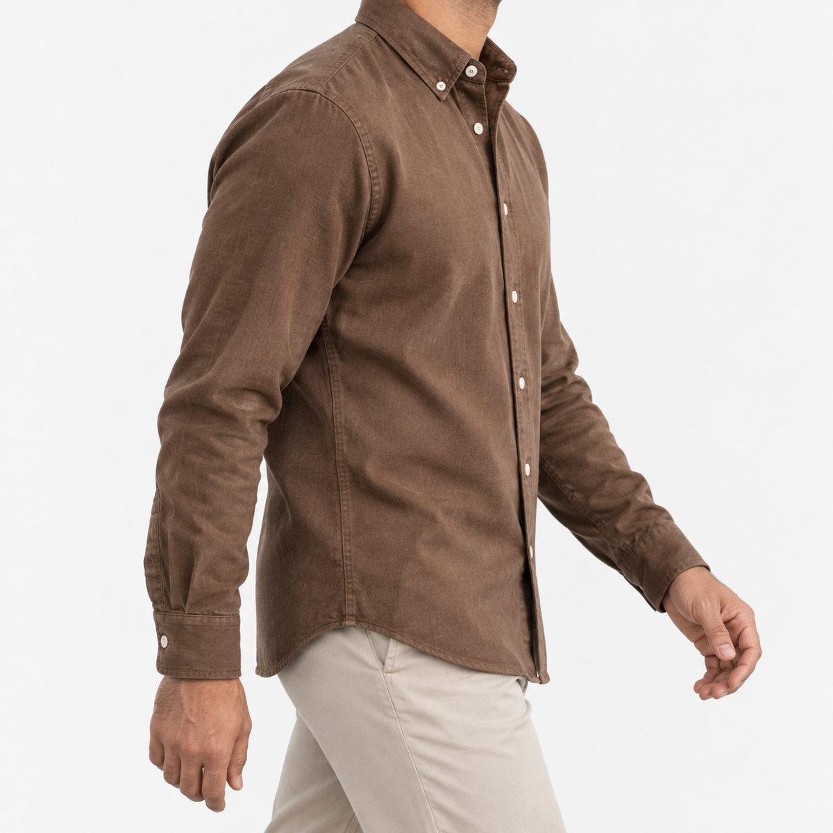 Brushed cotton oxford shirt with a button collar in brown, three-quarter model view