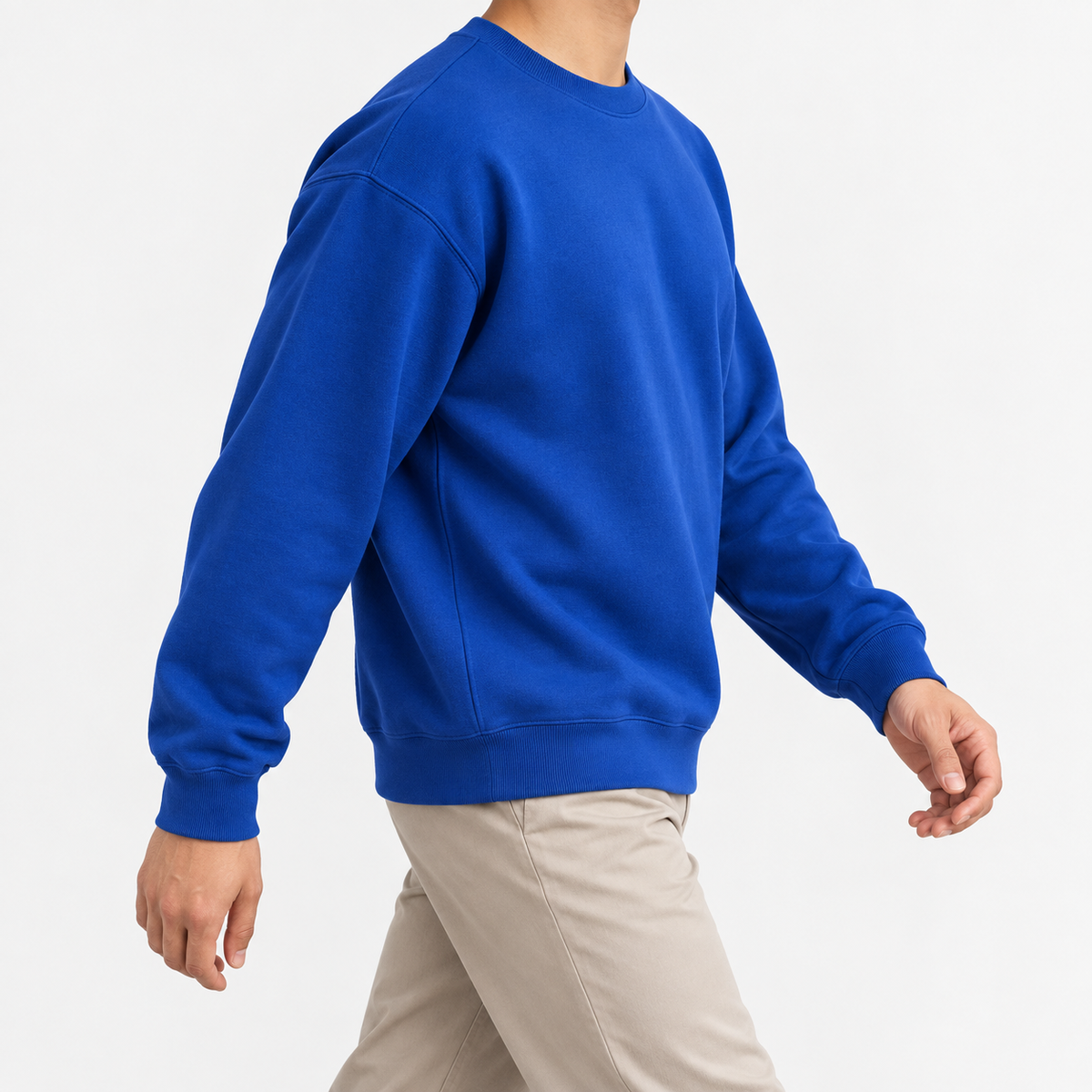 Heavyweight cotton crew neck sweatshirt in royal blue, three-quarter model view
