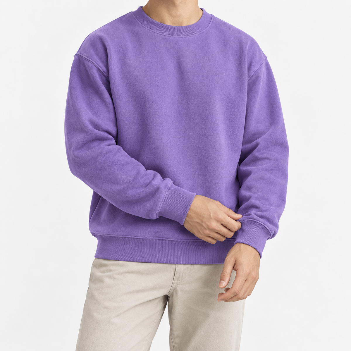 Heavyweight cotton crew neck sweatshirt in purple, front model view