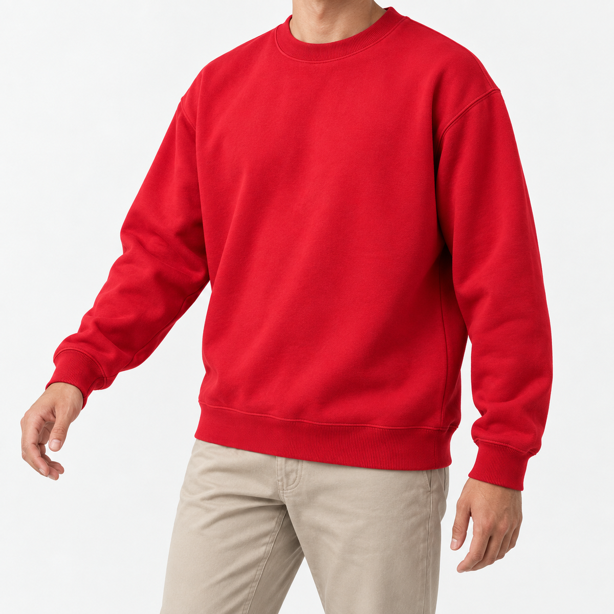 Heavyweight cotton crew neck sweatshirt in red, front model view