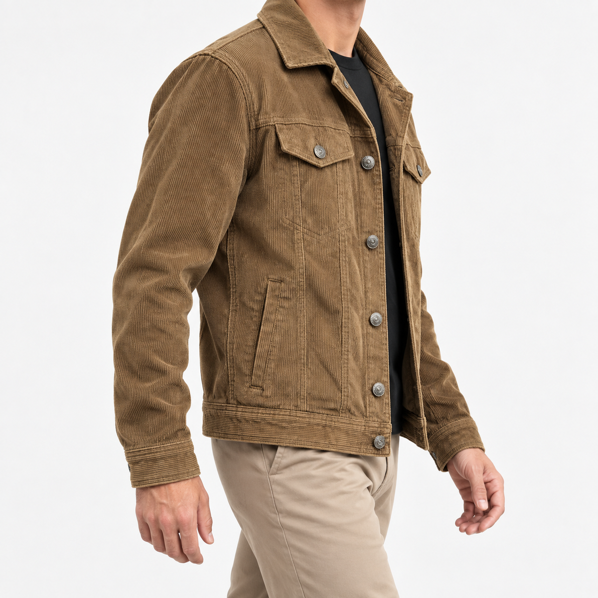 Cotton blend corduroy button front jacket in khaki, three-quarter model view