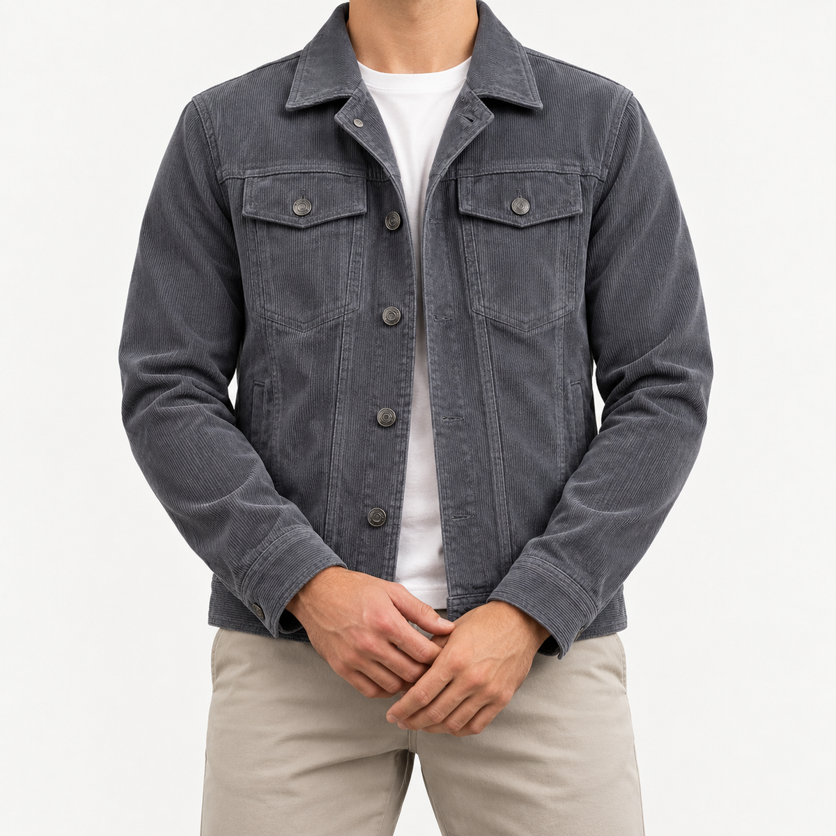 Cotton blend corduroy button front jacket in slate gray, front model view