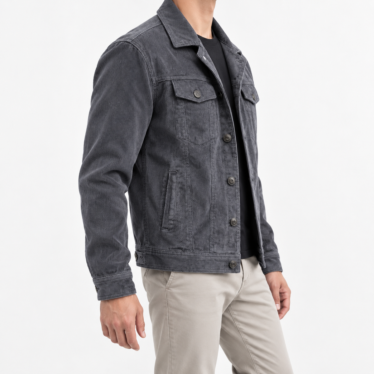 Cotton blend corduroy button front jacket in slate gray, three-quarter model view