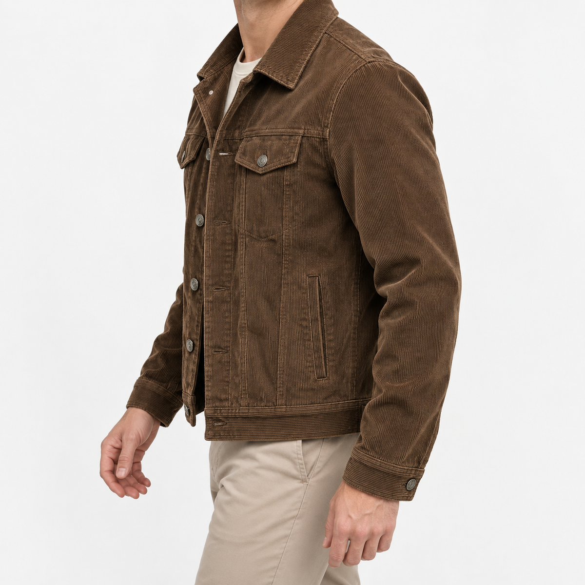 Cotton blend corduroy button front jacket in brown, three-quarter model view