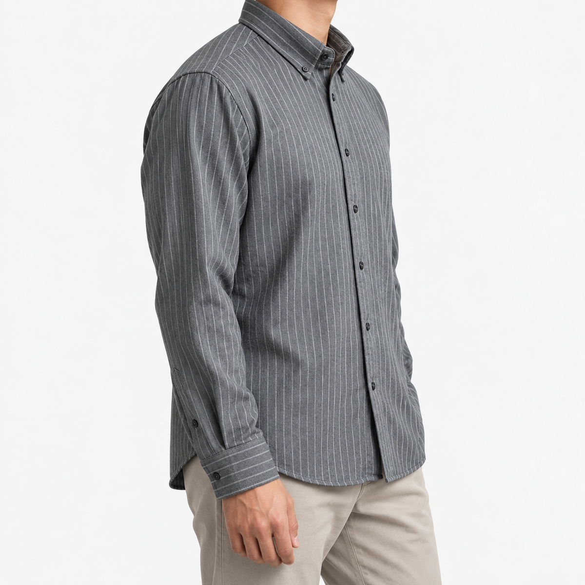 Brushed stripe shirt with a button down collar in gray stripe, three-quarter model view