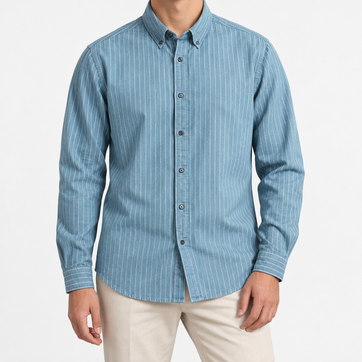 Brushed stripe shirt with a button down collar in blue stripe, front model view