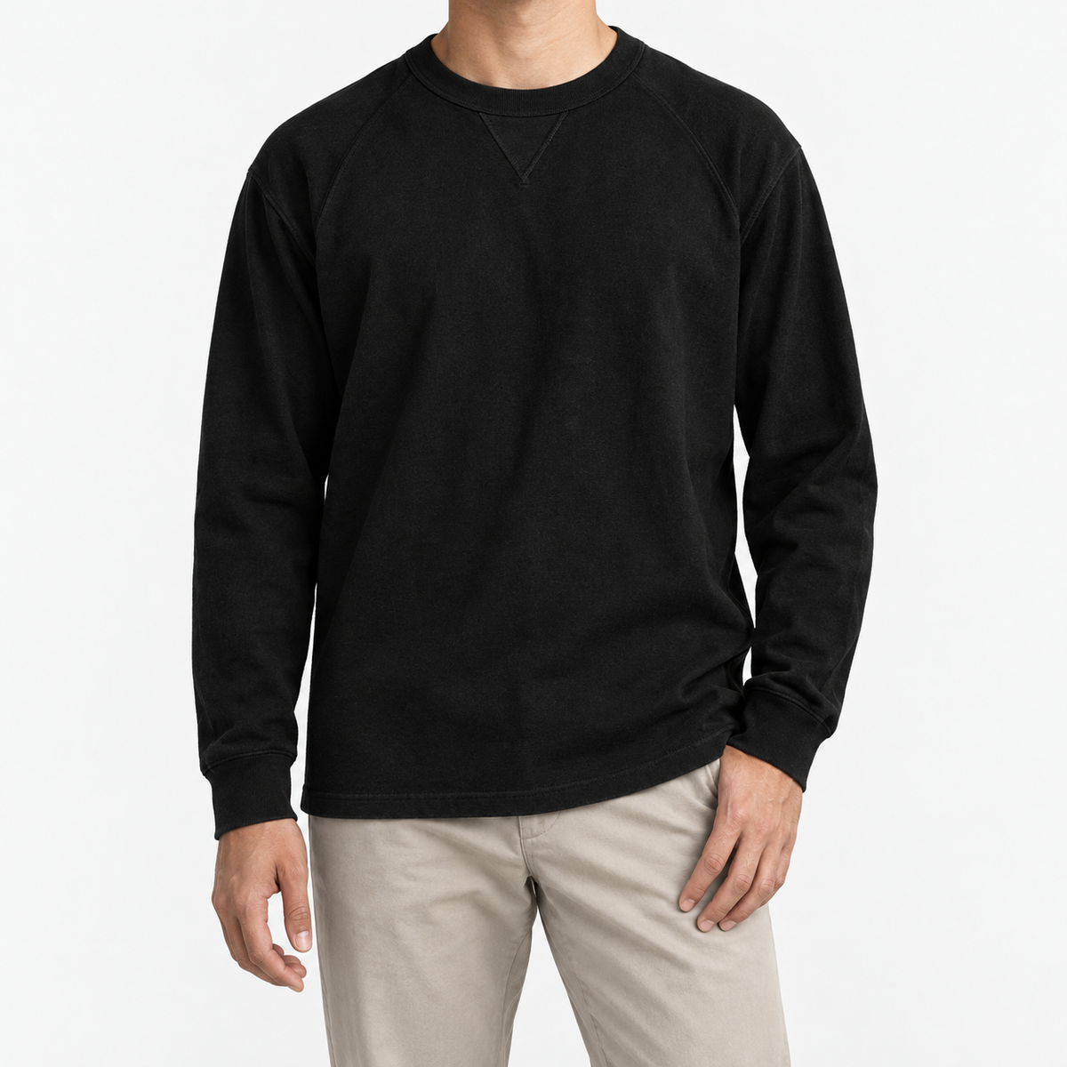 Heavy cotton raglan sleeve crew neck top in black, front model view