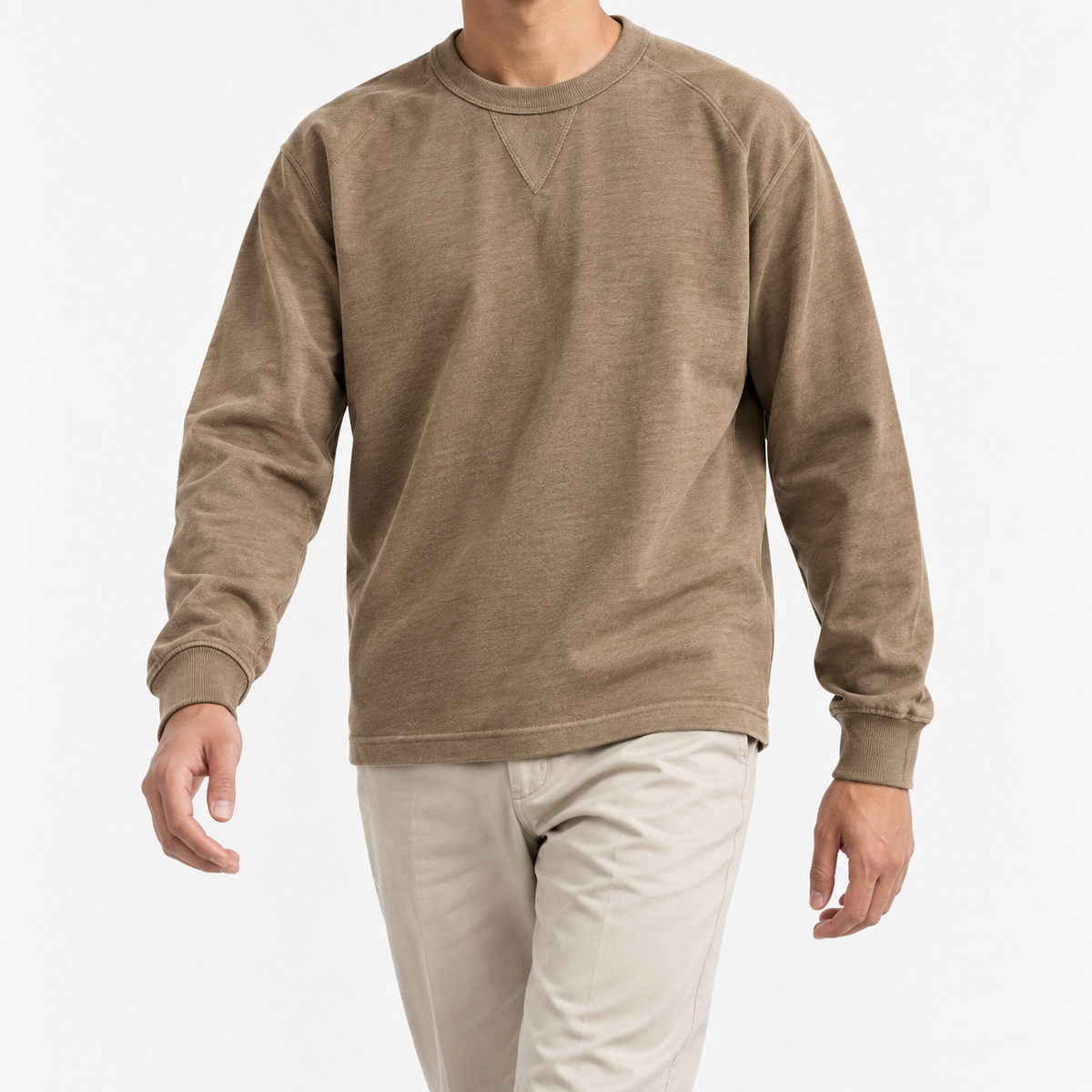 Heavy cotton raglan sleeve crew neck top in khaki, front model view
