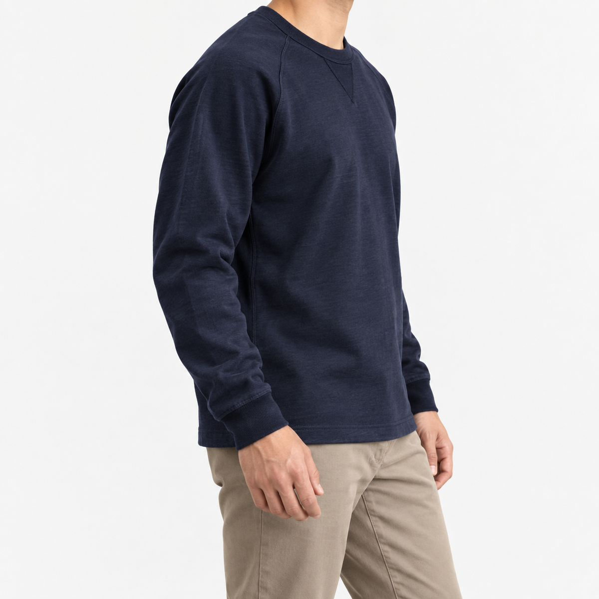 Heavy cotton raglan sleeve crew neck top in navy blue, three-quarter model view