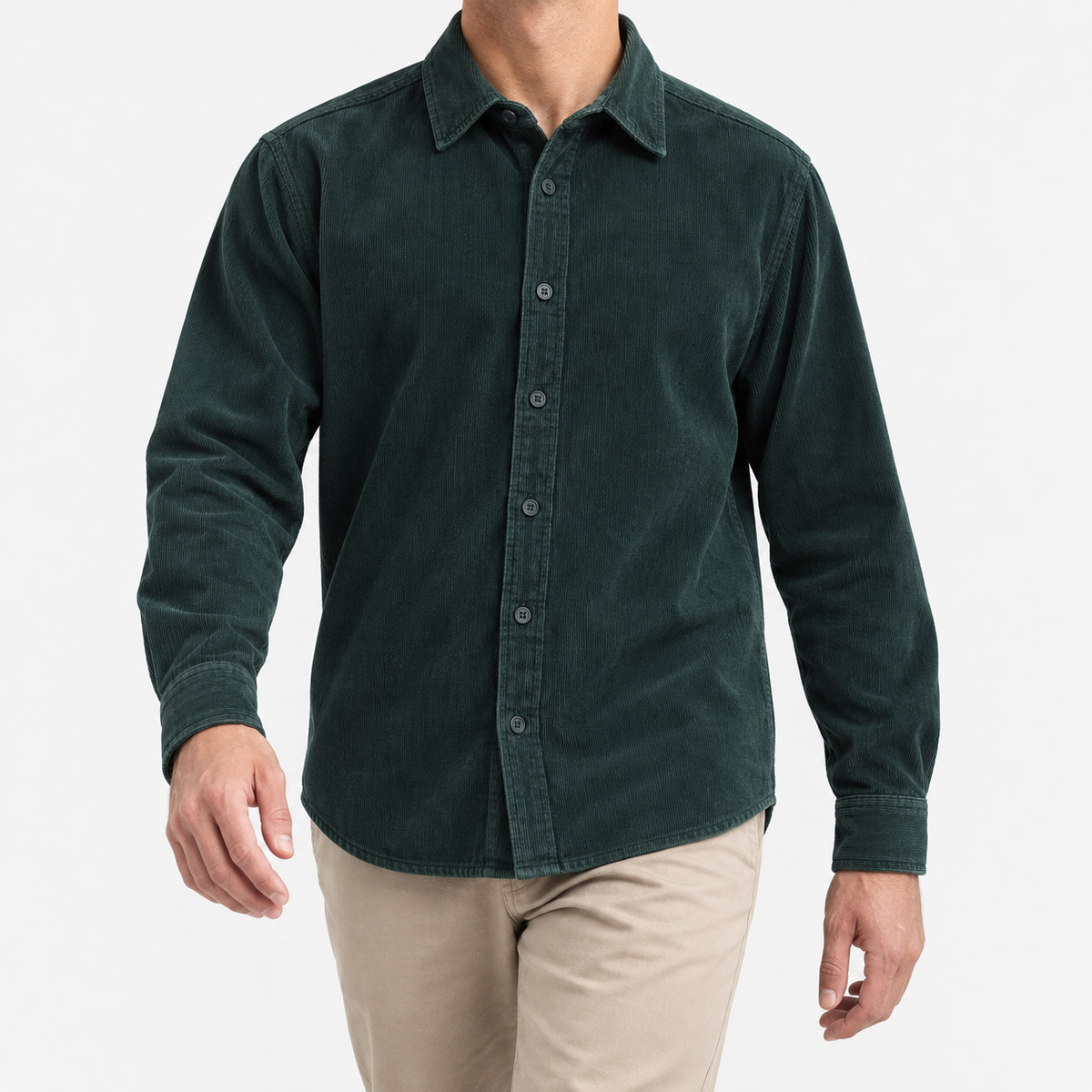 Washed cotton corduroy shirt with a clean front in dark green, front model view