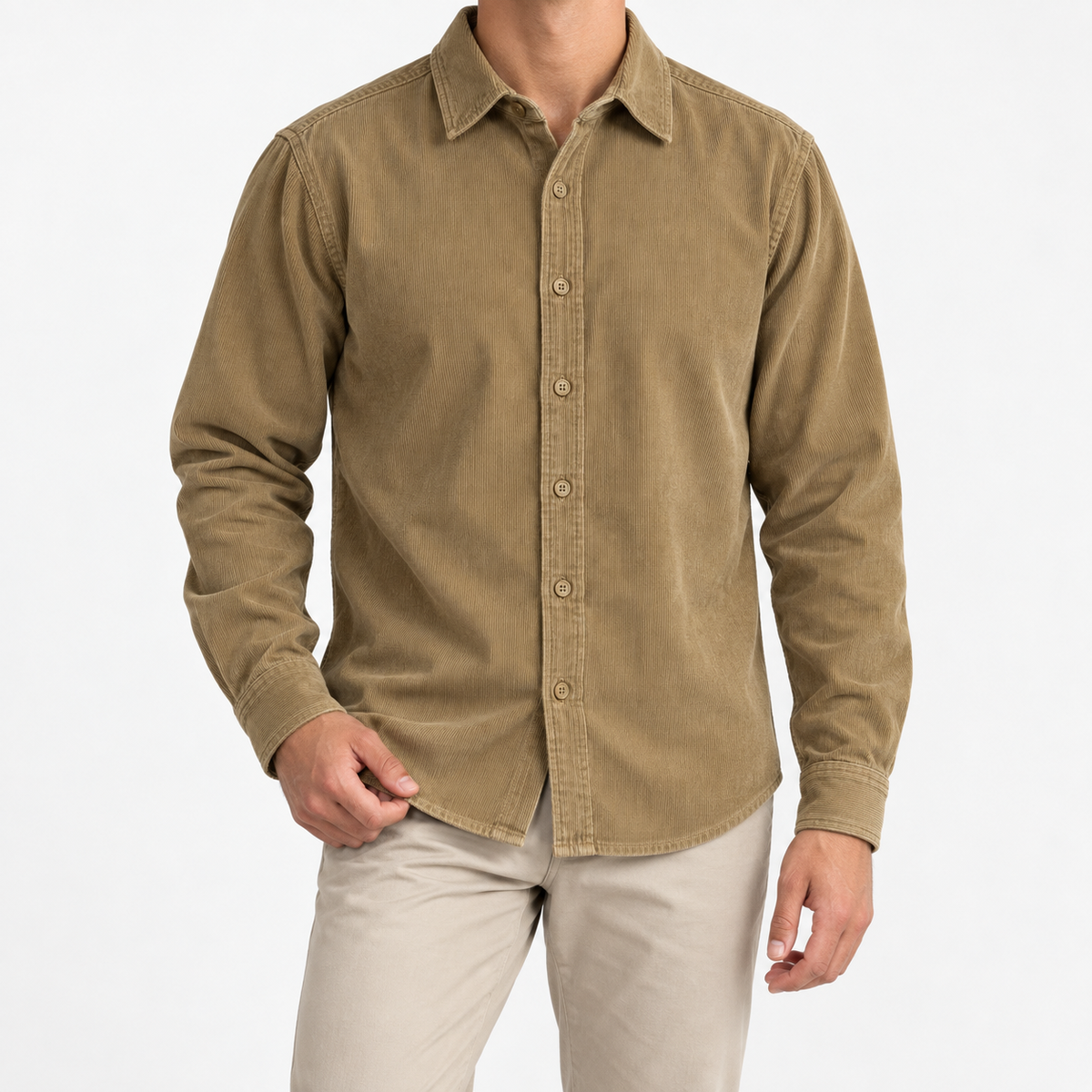 Washed cotton corduroy shirt with a clean front in khaki, front model view