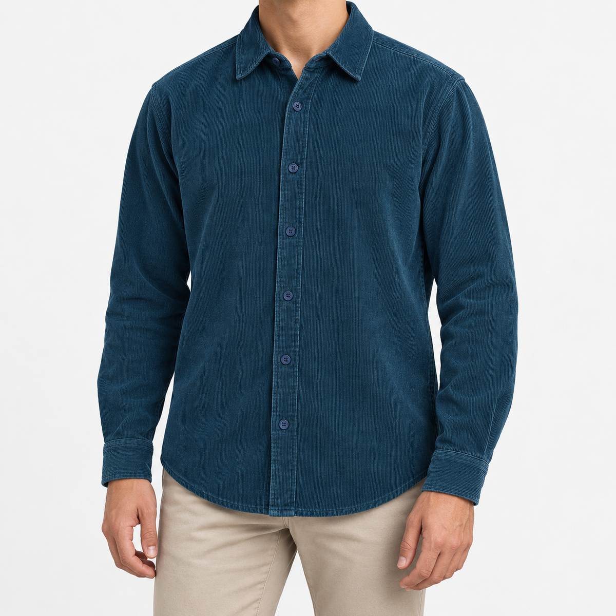 Washed cotton corduroy shirt with a clean front in teal, front model view