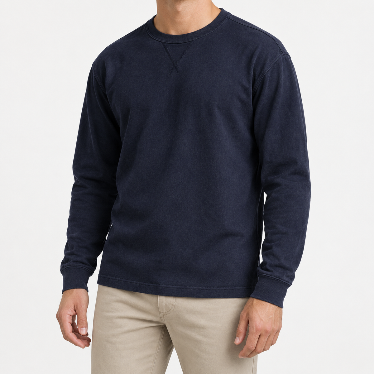 Washed cotton long sleeve jersey top in navy blue, front model view