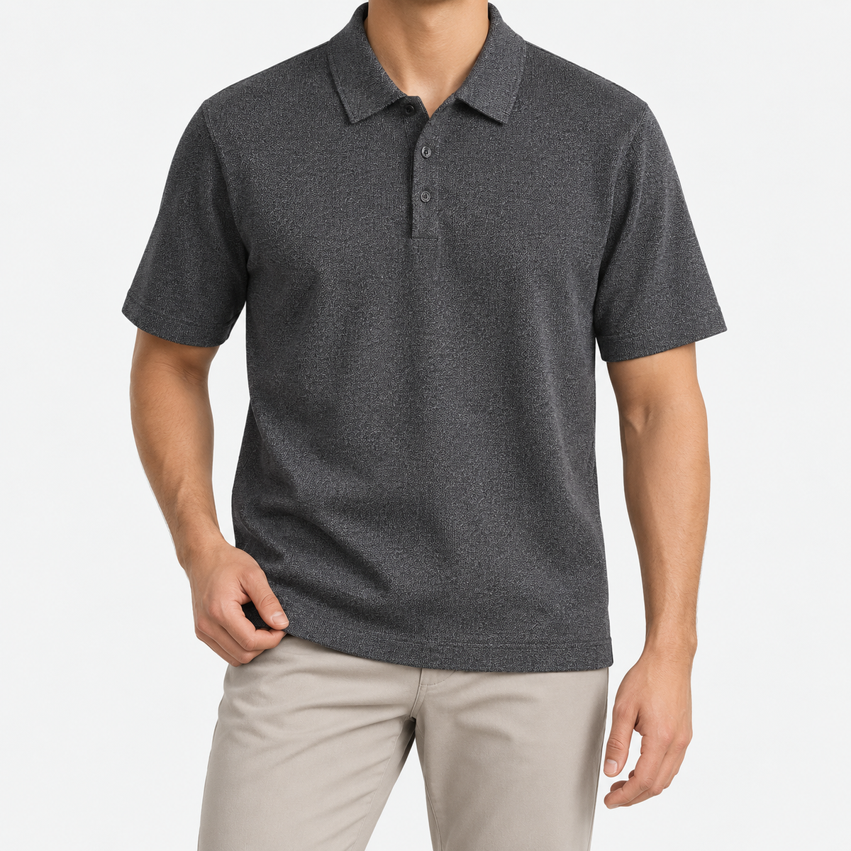 Textured lyocell short sleeve knit polo in charcoal, front model view